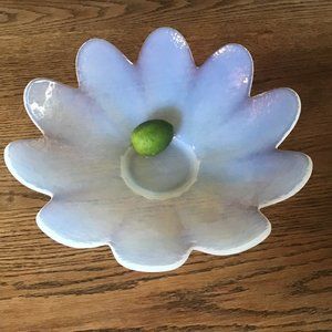 Very Large Glass Hand Blown Signed Murano  Petal Bowl in Iridescent White